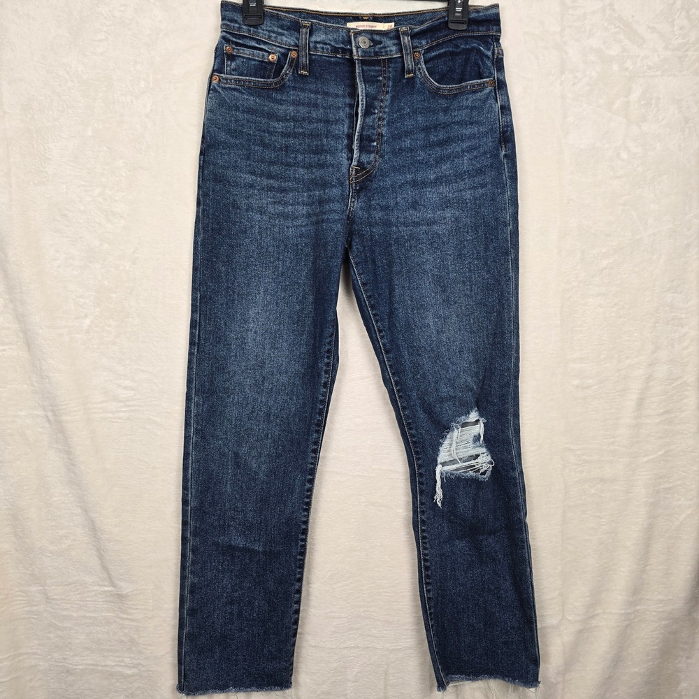Levis Wedgie Straight Jeans Womens 29 Dark Wash High Rise Distressed Raw Hem